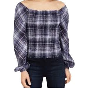 INC Plaid Stretch Smocked Plaid Long Sleeve Top with Silver Threading Size XL